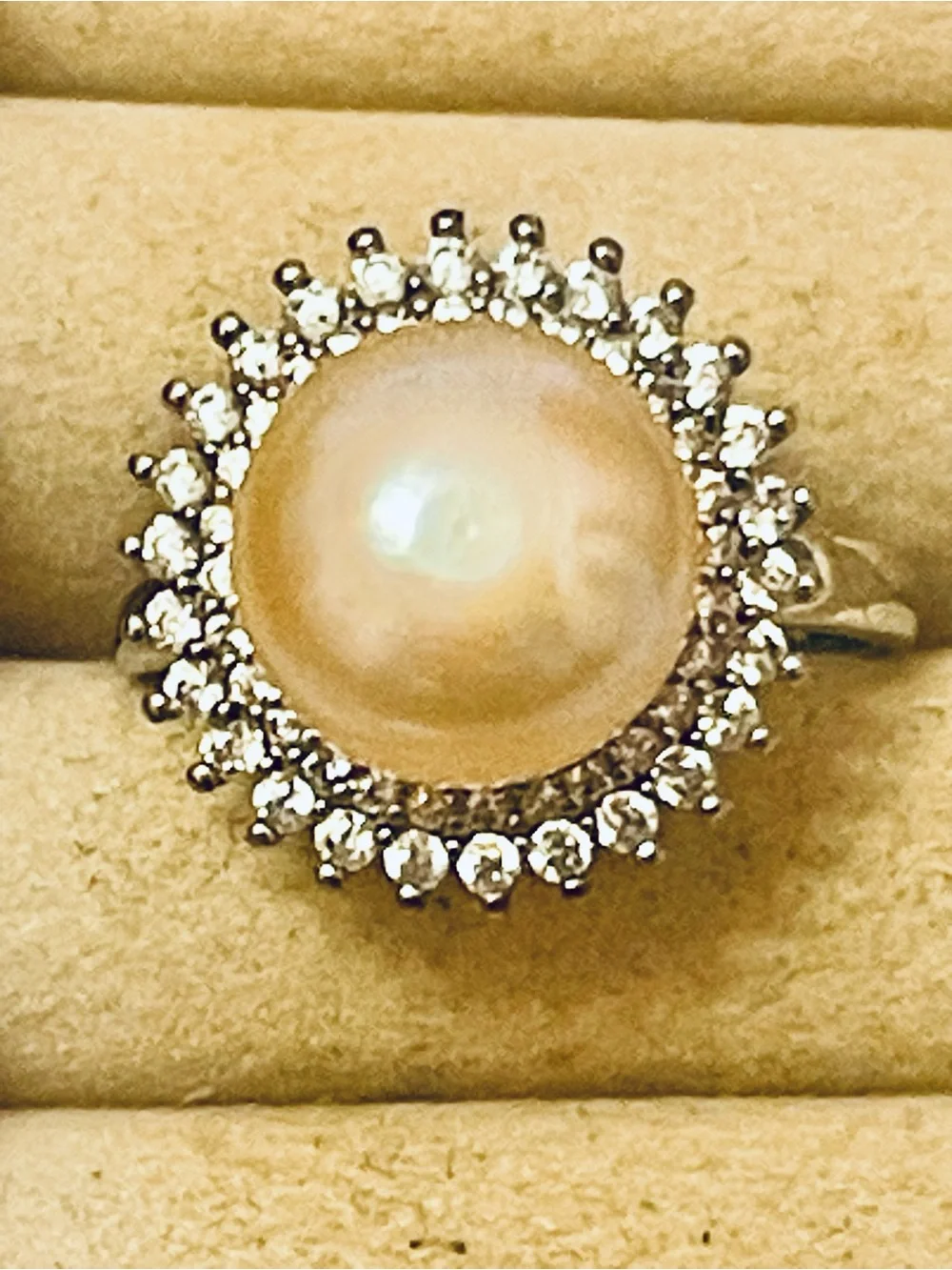 Natural South Sea Cream Pearl Flower Shape Halo Cubic Zirconia Silver Plate 8-10